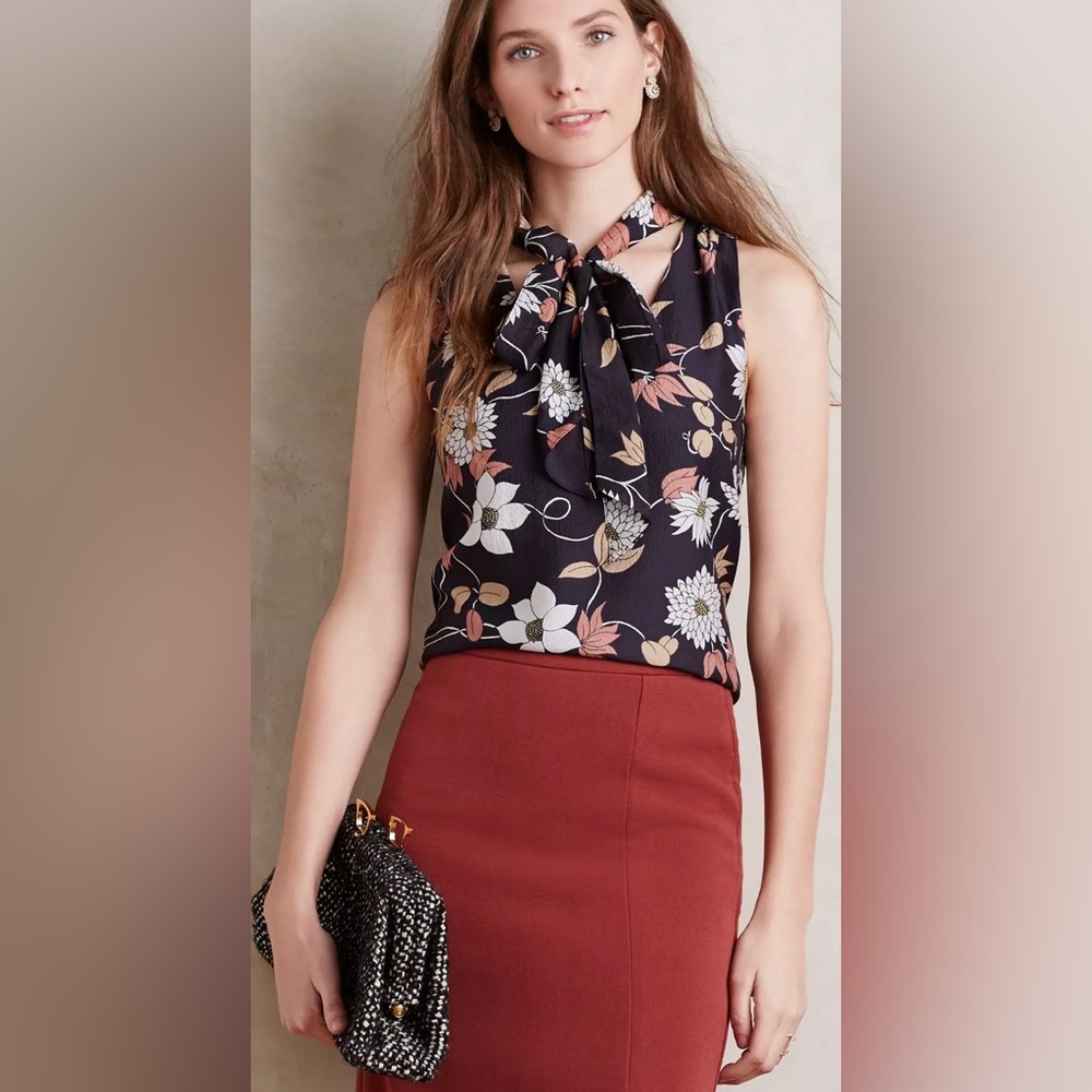 Anthropologie Maeve Petalsilk Tie-Neck Shell Top Size 0 Black Floral Silk